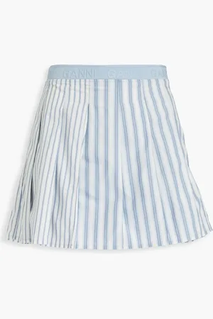 Ganni Pleated striped cotton-poplin mini skirt - Blue - DE 32