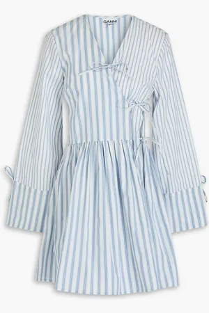 Ganni Tie-detailed striped cotton-poplin mini wrap dress - Blue - DE 36