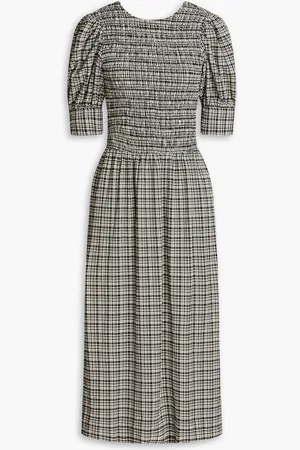 Ganni Shirred checked seersucker midi dress - - DE 44