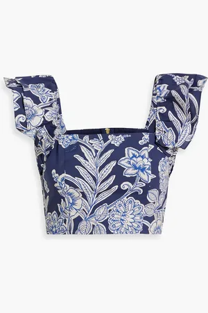 Cara Cara Darby cropped ruffled printed cotton-poplin top - Blue - M