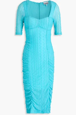 Ganni Ruched jacquard-knit dress - Blue - DE 42