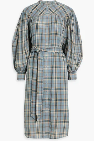 ULLA JOHNSON Fayette gathered checked cotton-voile dress - Blue - US 0