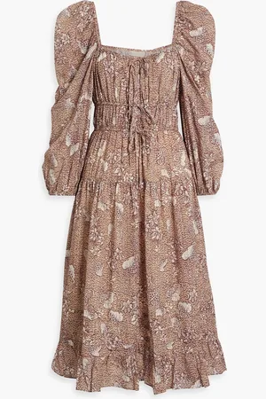 ULLA JOHNSON Isla gathered printed cotton-blend voile midi dress - Burgundy - US 4