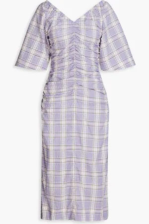 Ganni Ruched checked cotton-blend seersucker midi dress - Purple - DE 34