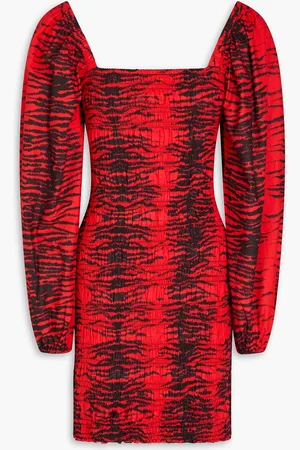 Ganni Shirred printed cotton-poplin mini dress - - DE 36