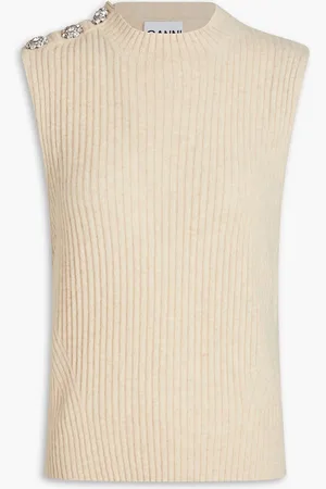 Ganni Crystal-embellished mélange ribbed wool-blend vest - Neutral - S