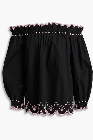 SALONI Gaby off-the-shoulder broderie anglaise-trimmed cotton-poplin top - - UK 4