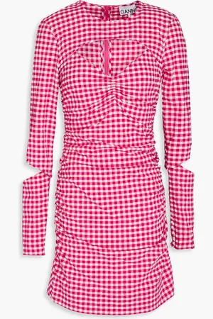 Ganni Cutout ruched gingham seersucker mini dress - Pink - DE 38