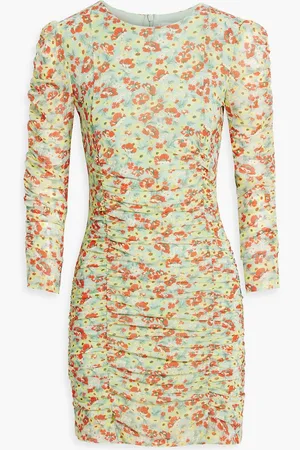Ganni Ruched floral-print stretch-mesh mini dress - Green - DE 40