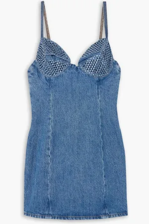 AREA Crystal-embellished polka-dot denim mini dress - Blue - US 2