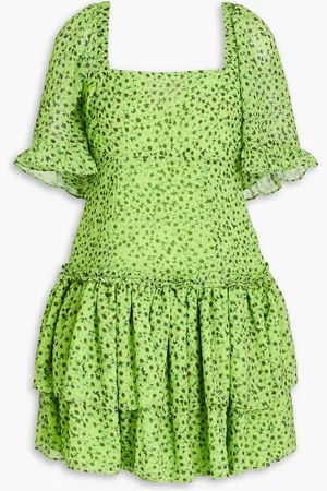Ganni Tiered floral-print voile mini dress - Green - DE 34