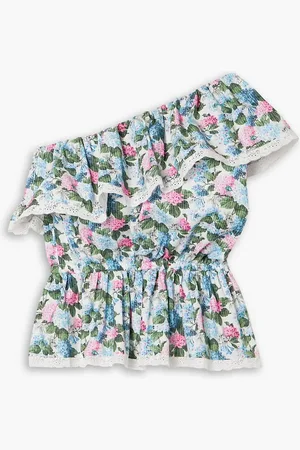 LORETTA CAPONI Dafne one-shoulder lace-trimmed floral-print cotton-poplin top - Blue - S