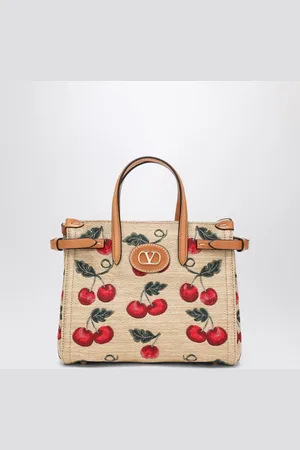 VALENTINO GARAVANI Small raffia shopping bag with Cherryfic pattern