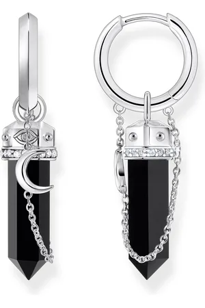 Thomas Sabo Silver hoop earrings with onyx in hexagon-shape and small chain black