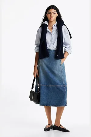Tommy Hilfiger Leather Detail Denim A-Line Midi Skirt