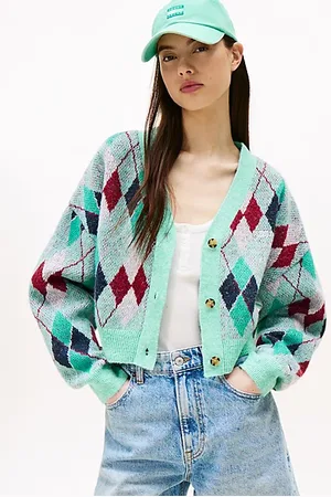 Tommy Hilfiger Cropped Argyle Cardigan With Wool