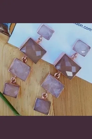 YAA YAA LONDON Luxe Moonstone Rose Quartz Rectangle Earrings