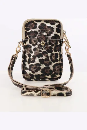 Attic Womenswear Italian Crossbody Phone Bag - Leopard Print