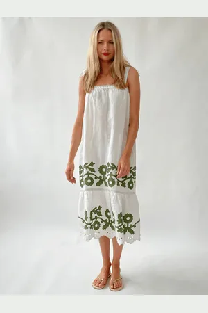 ROSE AND ROSE Alba Appliqued Sleeveless Sun Dress In White And - M