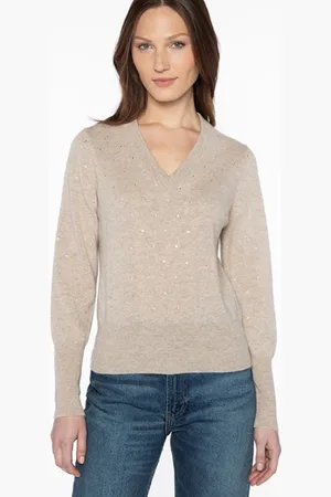 Kinross Cashmere Crystal Vee Jumper In Mushroom Lfsc3-295 - Xl