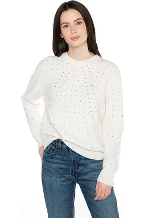 Kinross Cashmere Fashioned Rib Crystal Crew Jumper - Pearl | L .