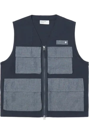 Universal Works Photographers Gilet In Navy Grey Lord Cotton Linen - S