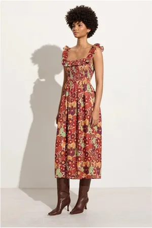 FAITHFULL THE BRAND Sameera Midi Dress La Mira Floral Ruby - - S / Uk 8