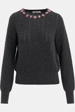 Essentiel Antwerp Dark Grey Ribbed Grazia Sweater With Jewelled Neck - Small