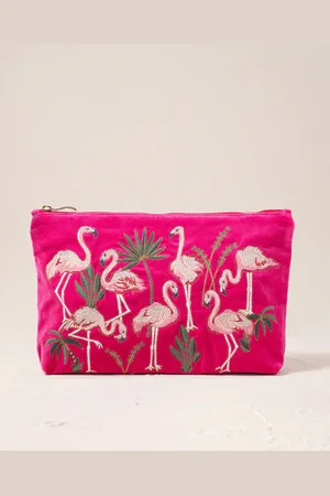 ELIZABETH SCARLETT Flamingos Velvet Everyday Pouch