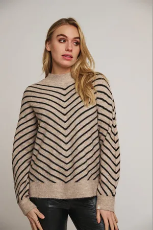 Rino & Pelle Annelie Mock Neck Stripe Sweater - Sand/ - Medium