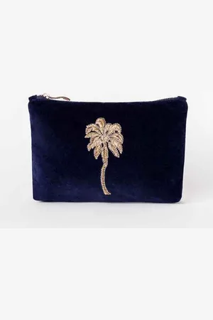 ELIZABETH SCARLETT Palm Navy Velvet Mini Pouch