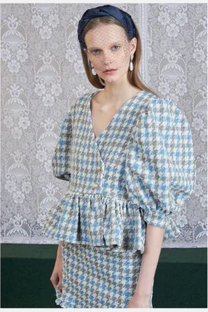 Sister Jane Dream Weave Away Tweed Checked Peplum Top - L
