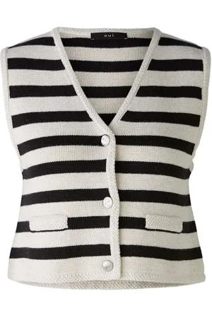 Oui Striped Waistcoat White & - Uk 10
