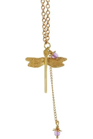 Amanda Coleman Dragonfly & Little Flower Pendant In Plated Sterling Silver And Amethyst