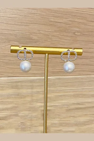 Envy Diamante Oval Studs With Drop Faux Pearl