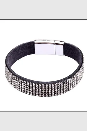 Black Colour Thin Leather Diamond Bracelet - One Size
