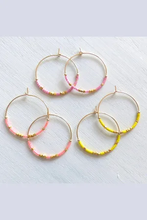 My Hart Beading Beaded Hoop Earrings - Neon Pink