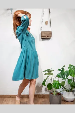 See u soon V Neck Short Dress - Black, Turquoise - 0