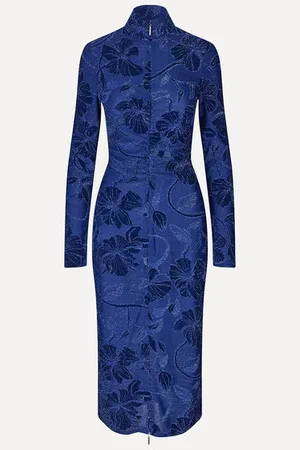 STINE GOYA Gathered Long Sleeve Midi Dress - Fine Line Poppies - Xs