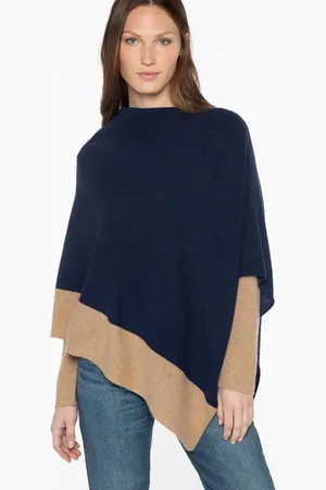 Kinross Cashmere Contrast Trim Poncho In Navy And Lfac4-264 - One Size