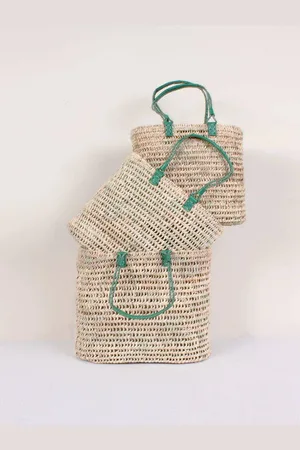 Bohemia Large Pleated Leather Handle Basket, - Large