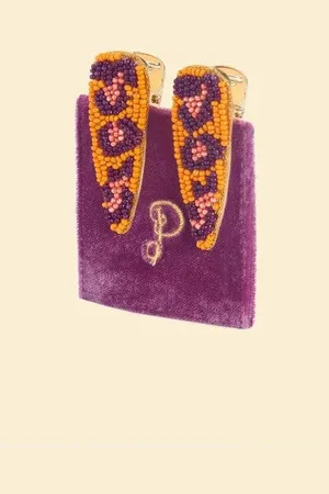 Powder Design Beaded Leopard Hair Clips -Set Of 2