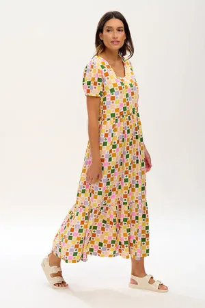 Sugarhill Brighton Belinda V-neck Maxi Smock Dress - Floral Checkerboard - Uk8