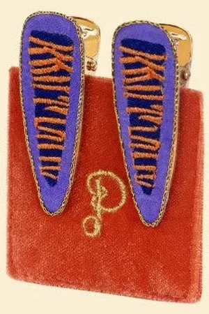 Powder Design Embroidered Tiger Hair Clips -Set Of 2