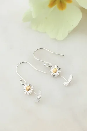 Amanda Coleman Sterling Daisy Earrings - Daisy With Stalk On Hooks