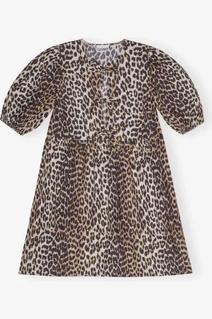Ganni Leopard Printed Cotton Tie String Mini Dress - 32
