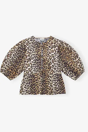 Ganni Leopard Cotton Poplin Peplum Tie Blouse - 32