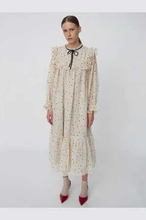 Stella Nova Creme And Midi Flock Printed Flounce Dress - 34