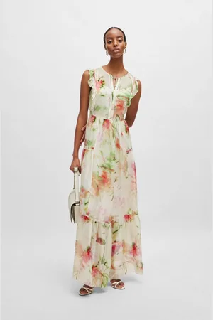 HUGO BOSS Dacrina Floral Frill Detail Maxi Dress Col: Multi, Size: 12 - 12