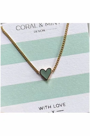 Coral Plated Heart Necklace With Mint Enamel